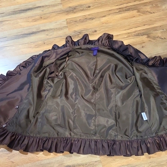 VINTAGE METAPHOR Brown Poly/Nylon Acetate Wrap V-neck Ruffle Blouse - Picture 10 of 16